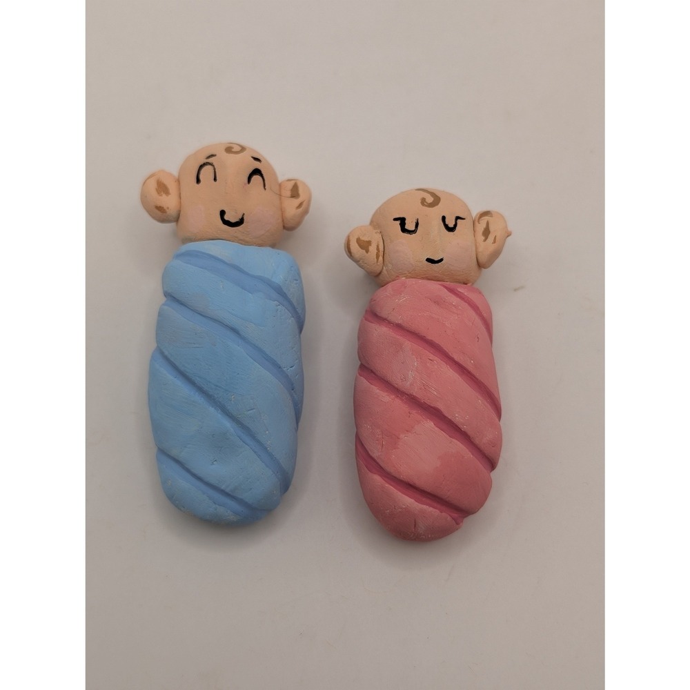 MODERN Handcrafted Clay Swaddled Baby Figurines Pink Blue Gender Reveal Decor